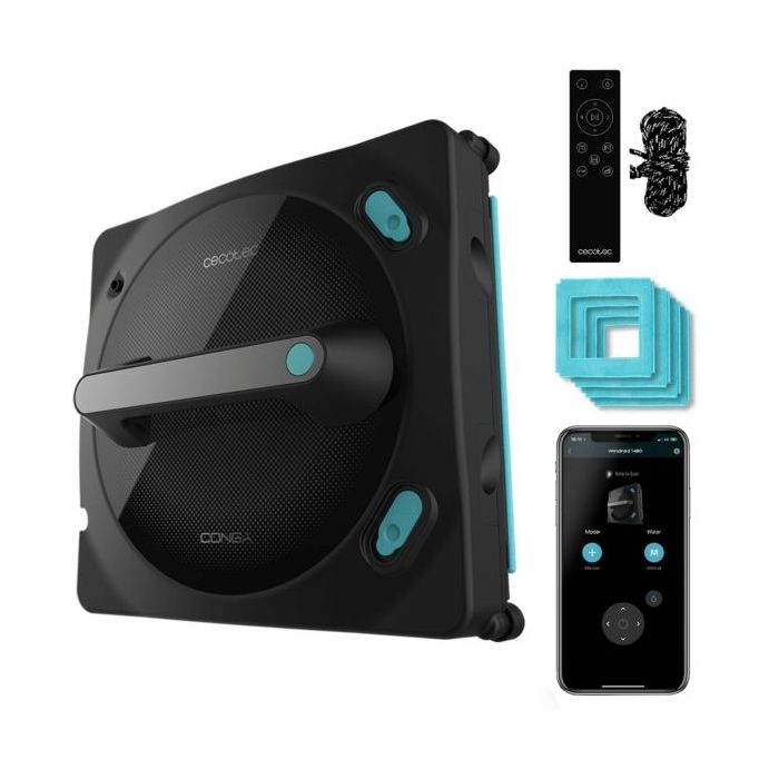 Cecotec Conga Windroid 1490 TwerkingSpray Connected Robot Limpiacristales - Multisuperficie - 8 Modos - Doble Spray - Control Via App y Mando - Alcance de 7m - Cuerda de Seguridad - Color Negro