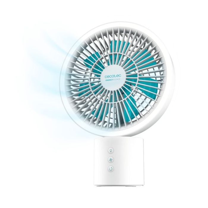Cecotec EnergySilence 8000 Portable Light Desk Ventilador de Sobremesa Inalabrico - Bateria de 8000mAh - Oscilacion 360º - 3 Tonos LED - 4 Velocidades - Inclinacion Flexible - Cable - Color Blanco