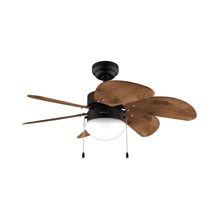 Cecotec EnergySilence Aero 365 BlackandWood Ventilador de Techo con 6 Aspas Reversibles y Lampara - 50W - Diametro de 36" - 3 Velocidades - Modo Invierno/Verano - Control por Cadena - Color Negro