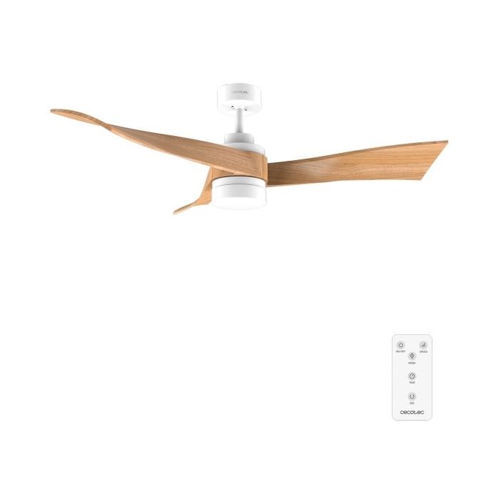 Cecotec EnergySilence Aero 5280 WhiteWood Ventilador de Techo con Luz - 40W - Diametro de 52" - LED Regulable - Temporizador - 6 Velocidades - Modo Invierno - Aspas de Madera Clara - Color Blanco