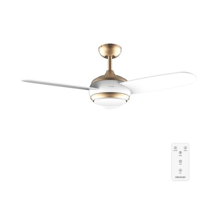 Cecotec EnergySilence Aero 4265 GoldWhite Ventilador de Techo con 3 Aspas y Luz Integrada - 65W - Diametro de 42" - LED de 18W - Mando a Distancia - Temporizador - 3 Velocidades - Color Blanco