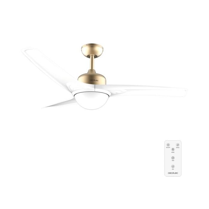 Cecotec EnergySilence Aero 560 GoldWhite Ventilador de Techo con 3 Aspas y Luz Integrada - 60W - Diametro de 52" - LED de 18W - Mando a Distancia - Temporizador - 3 Velocidades - Color Blanco y Dorado