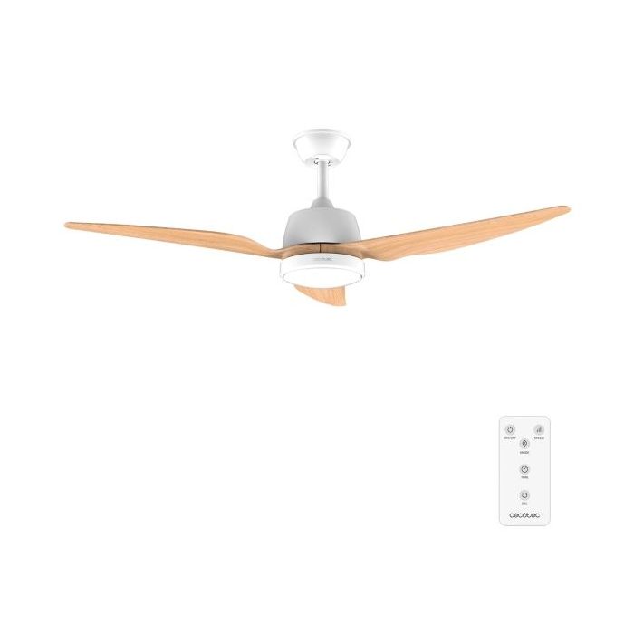 Cecotec EnergySilence Aero 5250 WhiteWood Ventilador de Techo con 3 Aspas y Luz Integrada - 62W - Diametro de 48" - LED - 3 Velocidades - Temporizador - Aspas de Madera Clara - Color Blanco
