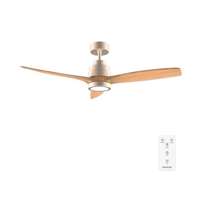 Cecotec EnergySilence Aero 5295 GoldWhite Ventilador de Techo con 3 Aspas y Luz - 35W - Diametro de 52" - 3 Tonos LED - 6 Velocidades - Temporizador - Modo Invierno - Color Madera Claro