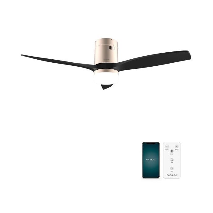 Cecotec EnergySilence Aero 5600 Aqua GoldBlack Connected Ventilador de Techo con 3 Aspas y Luz LED Integrada - 40W - Diametro de 52" - Wi-Fi - IP44 - Temporizador - 6 Velocidades - Color Negro