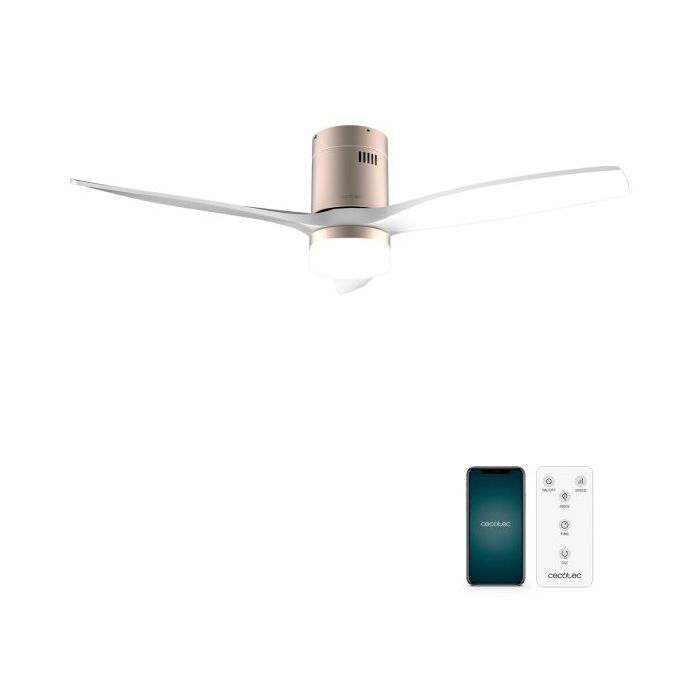 Cecotec EnergySilence Aero 5600 Aqua GoldWhite Connected Ventilador de Techo con 3 Aspas y Luz - 40W - Diametro de 52" - LED de 20W - Wi-Fi - IP44 - Temporizador - Modo Invierno - Color Blanco