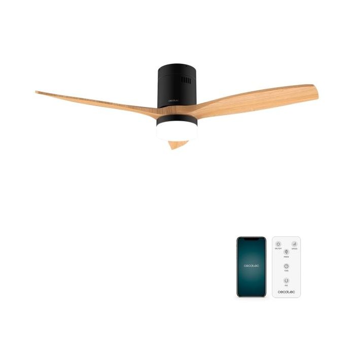 Cecotec EnergySilence Aero 5600 Aqua Black and WhiteWood Connected Ventilador de Techo con 3 Aspas y Luz LED - 40W - Diametro 52" - WiFi - Proteccion IP44 - Temporizador - 6 Velocidades - Color Negro