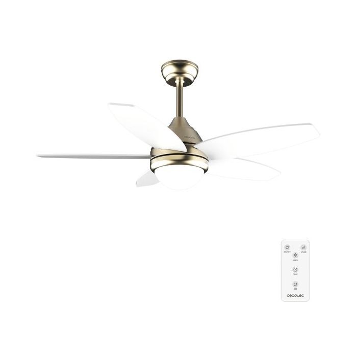 Cecotec EnergySilence Aero 4200 GoldWhiteWood Ventilador de Techo con 5 Aspas y Luz - 53W - Diametro de 42" - 3 Tonos LED - Temporizador - 3 Velocidades - Modo Invierno - Color Blanco y Dorado