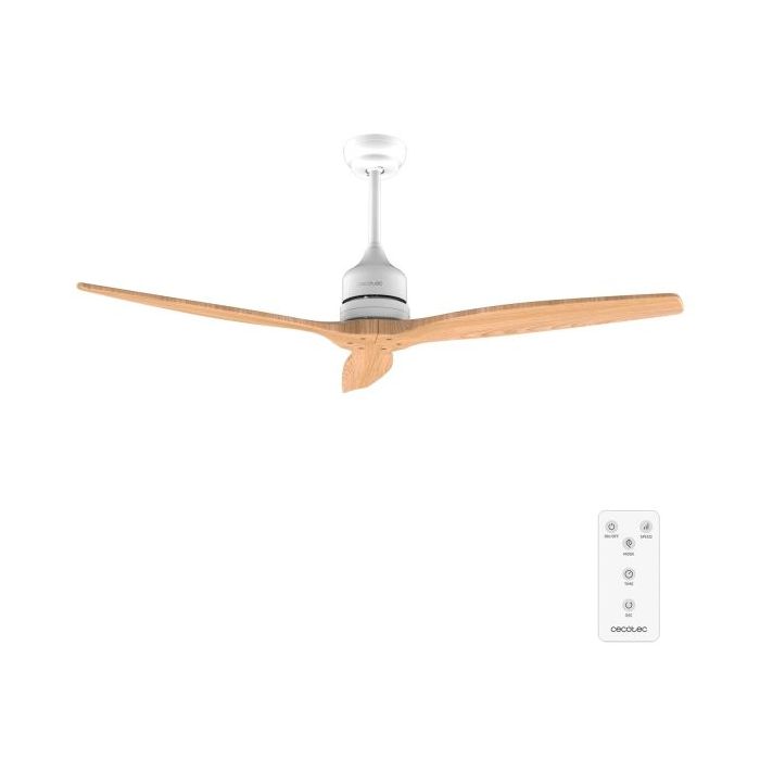 Cecotec EnergySilence Aero 5270 WhiteWood Ventilador de Techo de 3 Aspas - 40W - Diametro 52" - Temporizador - 6 Velocidades - Modo Invierno - Altura Ajustable - Aspas de Madera Clara - Color Blanco
