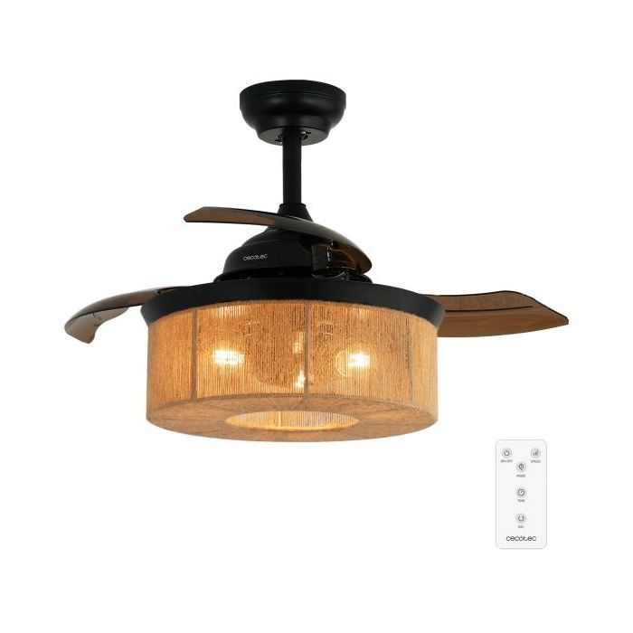 Cecotec EnergySilence Aero 3600 Invisible Natural Style Ventilador de Techo con 3 Aspas Retractiles - 25W - 6 Velocidades - Temporizador - Tulipa Natural con Cuerda - Modo Invierno - Color Negro