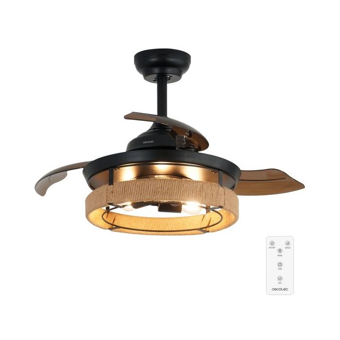 Cecotec EnergySilence Aero 3600 Invisible Natural Design Ventilador de Techo con 3 Aspas Retractiles - 25W - 6 Velocidades - Temporizador - Tulipa Natural con Cuerda - Modo Invierno - Color Negro