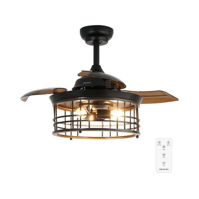 Cecotec EnergySilence Aero 3600 Invisible Metallic Style Ventilador de Techo con 3 Aspas y Luz - 25W - Aspas Retractiles - Diametro de 36" - Modo Invierno - Temporizador - Color Negro