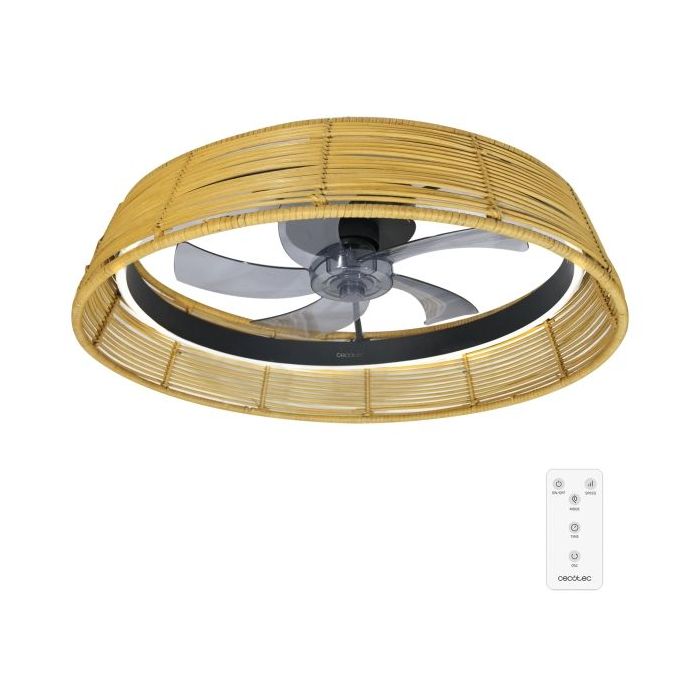 Cecotec EnergySilence LampAero 600 Natural Design Ventilador de Techo con 5 Aspas y Luz - 20W - Tulipa de Mimbre - 3 Tonos LED - Temporizador - 6 Velocidades - Modo Invierno - Color Madera Claro