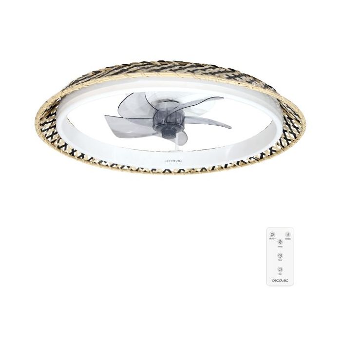 Cecotec EnergySilence LampAero 610 Natural Design Ventilador de Techo con 5 Aspas y Luz - 20W - Tulipa de Mimbre - 3 Tonos LED - Temporizador - 6 Velocidades - Modo Invierno - Color Madera Claro