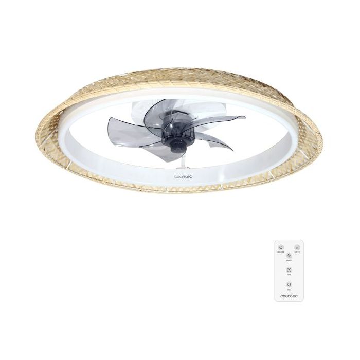 Cecotec EnergySilence LampAero 620 Natural Design Ventilador de Techo con 5 Aspas y Luz - 20W - Tulipa de Mimbre - 3 Tonos LED - Temporizador - 6 Velocidades - Modo Invierno - Color Madera Claro