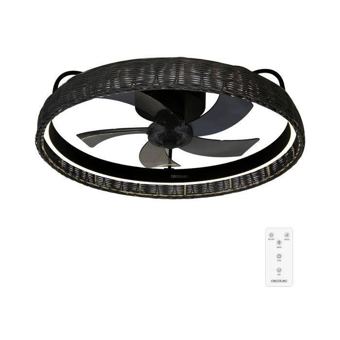 Cecotec EnergySilence LampAero 600 Black Design Ventilador de Techo con 5 Aspas de 17" y Luz LED - 20W - LED con 3 Tonos - Tulipa de Mimbre - Temporizador - Modo Invierno - 6 Velocidades - Color Negro