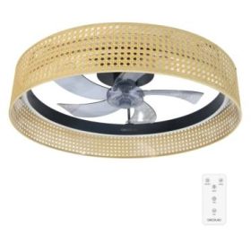 Cecotec EnergySilence LampAero 600 Beige Design Ventilador de Techo con 5 Aspas y Luz - 20W - Tulipa de Mimbre - 3 Tonos LED - Temporizador - 6 Velocidades - Modo Invierno - Color Madera Claro