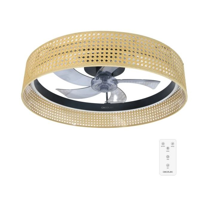 Cecotec EnergySilence LampAero 600 Beige Design Ventilador de Techo con 5 Aspas y Luz - 20W - Tulipa de Mimbre - 3 Tonos LED - Temporizador - 6 Velocidades - Modo Invierno - Color Madera Claro
