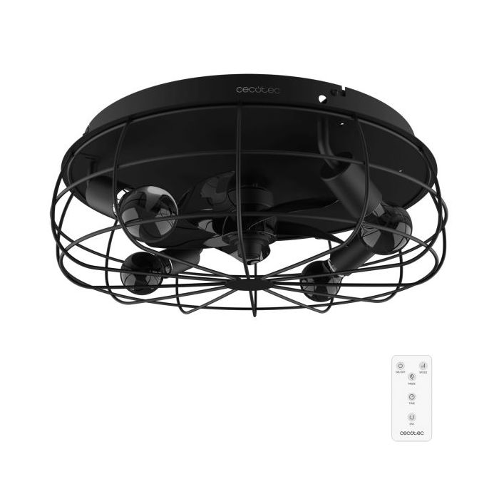 Cecotec EnergySilence LampAero 600 Iron Design Ventilador de Techo con 5 Aspas y Luz - 20W - Tulipa Metalica - Lampara con 3 Tonos - Temporizador - 3 Velocidades - Modo Invierno - Color Negro