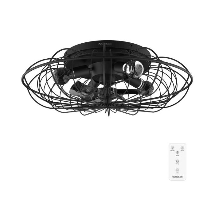 Cecotec EnergySilence LampAero 650 Iron Design Ventilador de Techo con 5 Aspas y Luz - 20W - Tulipa Metalica - Lampara con 3 Tonos - Temporizador - 3 Velocidades - Modo Invierno - Color Negro