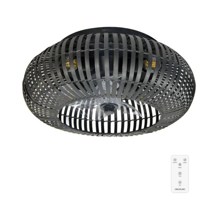 Cecotec EnergySilence LampAero 600 Natural DarkWood Ventilador de Techo con 5 Aspas y Luz - 20W - Tulipa de Madera Negra - 3 Tonos - Temporizador - 3 Velocidades - Modo Invierno - Color Negro