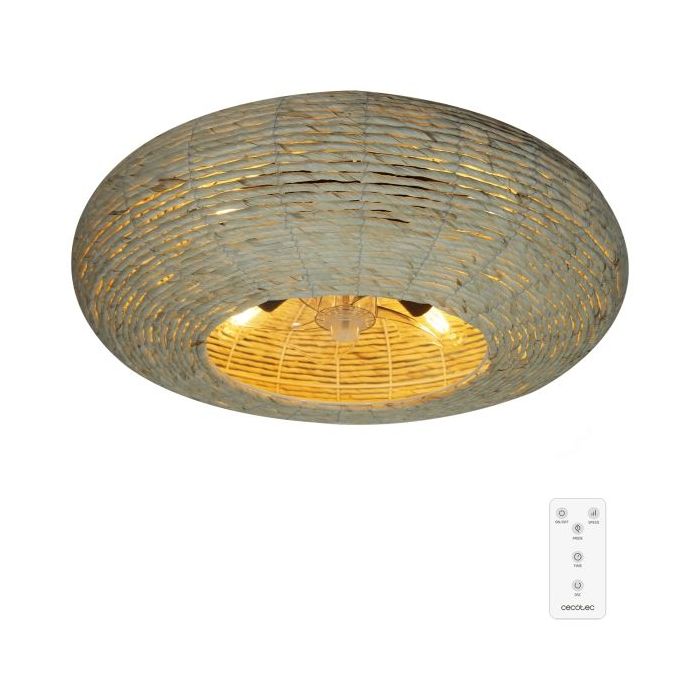 Cecotec EnergySilence LampAero 600 Natural Wicker Ventilador de Techo con 5 Aspas y Luz - 20W - Tulipa de Yute - Lampara con 3 Tonos - Temporizador - 3 Velocidades - Modo Invierno - Color Madera Claro