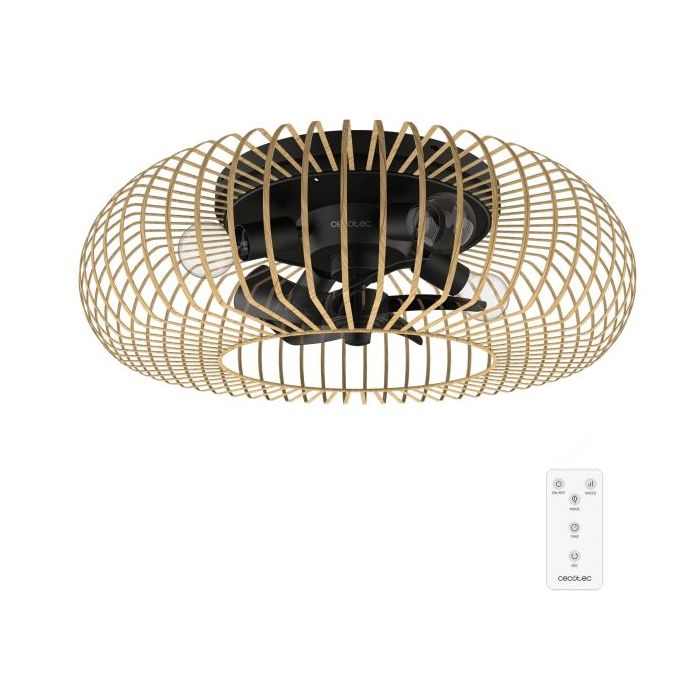 Cecotec EnergySilence LampAero 600 Natural WhiteWood Ventilador de Techo con 5 Aspas y Luz - 20W - Tulipa de Madera - Lampara con 3 Tonos - Temporizador - 3 Velocidades - Modo Invierno - Color Negro