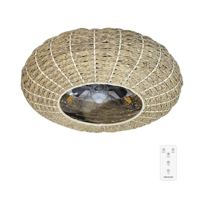 Cecotec EnergySilence LampAero 650 Natural Wicker Ventilador de Techo con 5 Aspas y Luz - 20W - Tulipa de Yute - Lampara con 3 Tonos - Temporizador - 3 Velocidades - Modo Invierno - Color Madera Claro