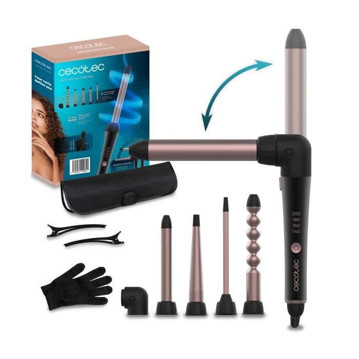 Cecotec SurfCare MultiWaves Rizador de 25mm - Revestimiento Ceramico - Angulo de 90° - Guante y Clips - Cabezales Surtidos - Temperatura de 140 a 200°C - Color Negro y Rosa