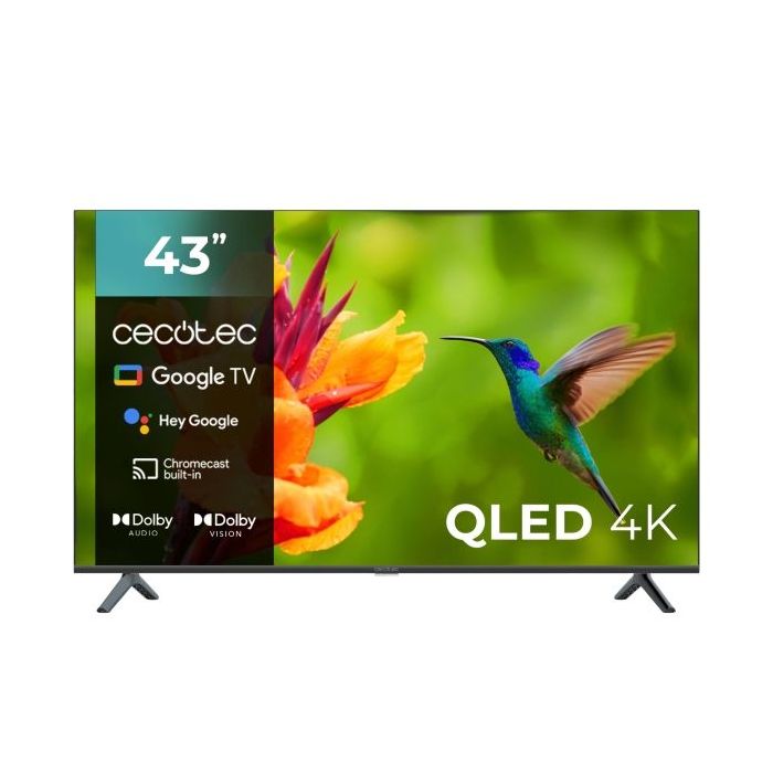 Cecotec V4 series VQU40043 Televisor Smart TV sin Marco de 43" QLED 4K UHD - Procesador Cortex A55 - Dolby Vision and Atmos - Google TV - HDMI 2.1 - USB 3.0 - Gama Cromatica Ampliada - Color Negro
