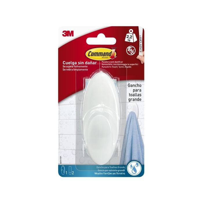 Command Gancho Grande para Toallas - Resistente al Agua - 1 Tira Adhesiva - Soporta hasta 2.2kg - Color Blanco