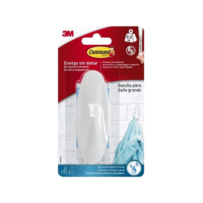 Command Gancho Grande para Aseo - Resistente al Agua - 2 Tiras Adhesivas - Soporta hasta 2.2kg - Color Blanco