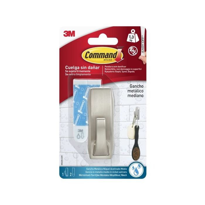 Command Gancho Metalico Mediano para Aseo - Resistente al Agua - 2 Tiras Adhesivas - Soporta hasta 1.3kg - Estilo Moderno - Color Niquel Satinado