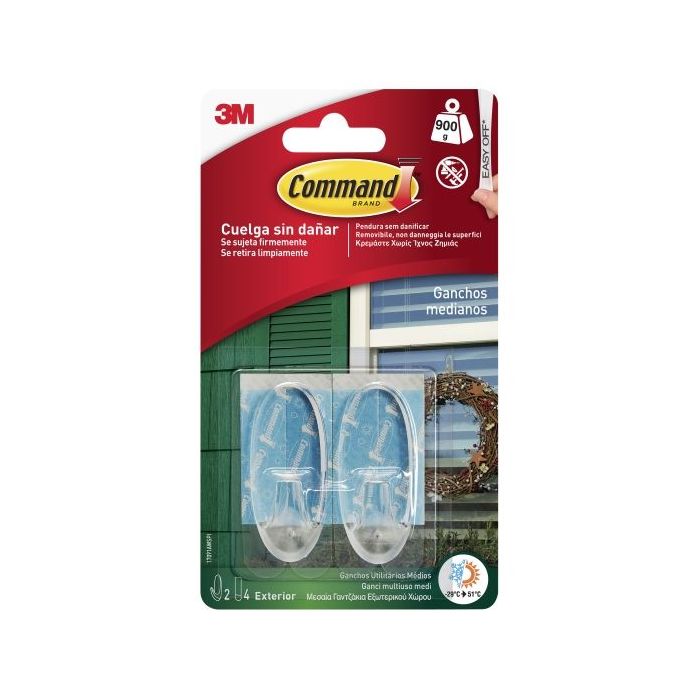 Command Pack de 2 Ganchos Medianos - para Uso en Exterior - 4 Tiras Adhesivas - Soporta hasta 0.9kg - Color Transparente