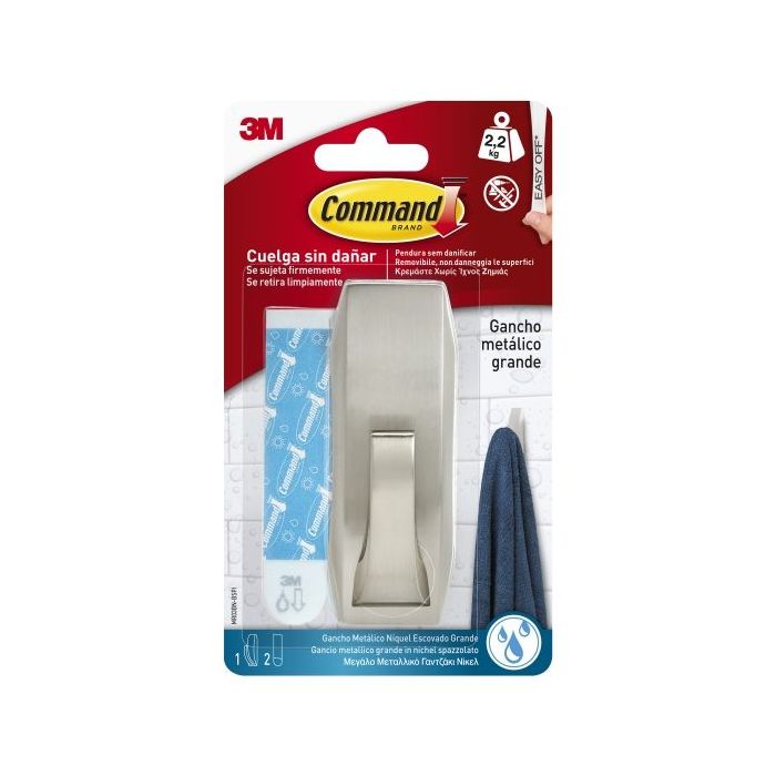 Command Gancho Metalico Grande para Aseo - Estilo Moderno - 2 Tiras Adhesivas - Soporta hasta 2.2kg - Resistente al Agua - Color Niquel Satinado