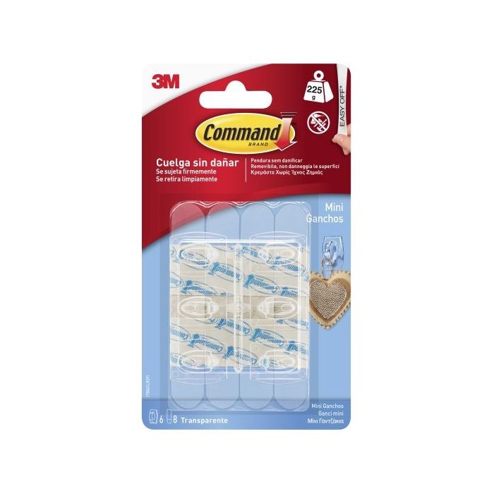 Command Mini Pack de 6 Ganchos - 8 Tiras Adhesivas - Soportan hasta 225G - Color Transparente