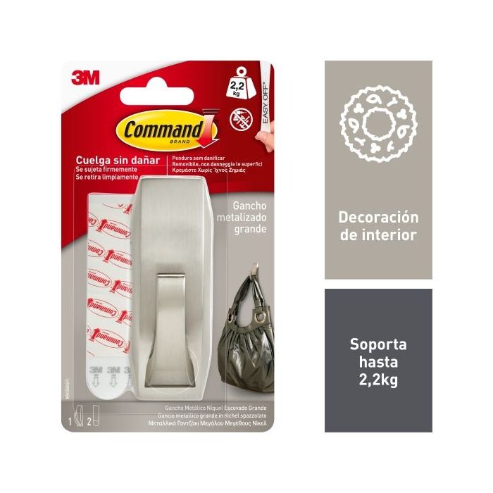 Command Gancho Metalico Grande - 2 Tiras Adhesivas - Soporta hasta 2.2kg - Estilo Moderno - Color Niquel Pulido