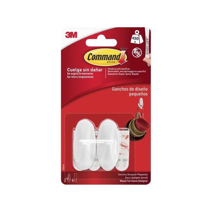 Command Pack de 2 Ganchos Compactos - Talla S - 4 Tiras Adhesivas - Soporta hasta 450G - Color Blanco