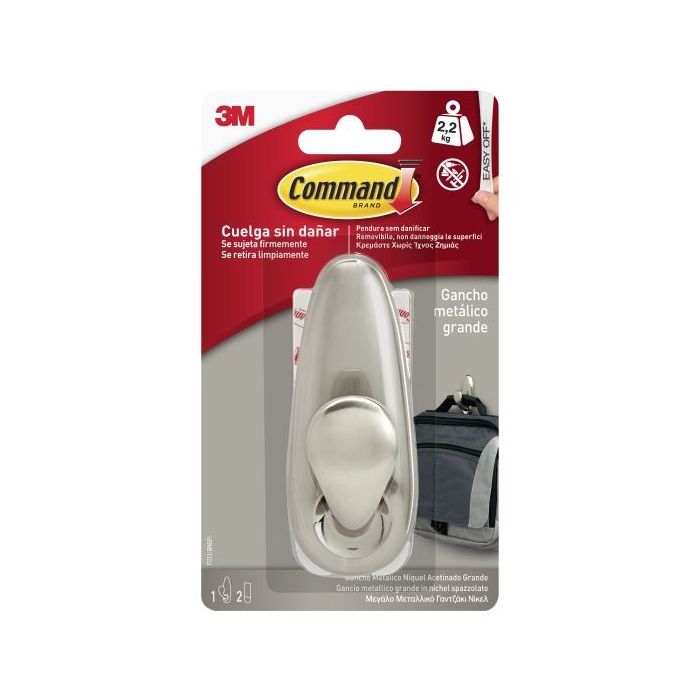 Command Gancho Metalico Grande - 2 Tiras Adhesivas - Soporta hasta 2.2kg - Color Niquel Pulido