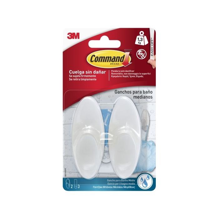 Command Pack de 2 Ganchos Medianos para Aseo - Resistente al Agua - 3 Tiras Adhesivas - Soporta hasta 1.3kg - Color Blanco