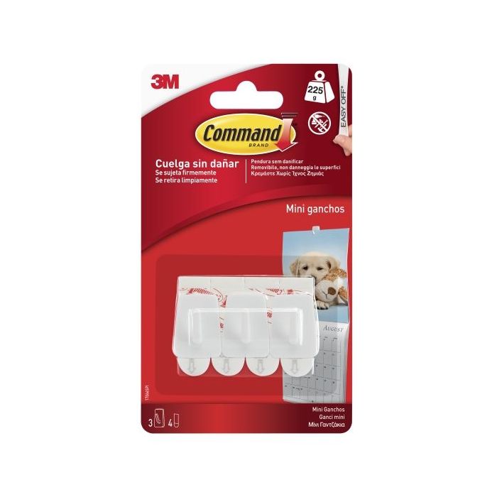 Command Mini Pack de 3 Ganchos - 4 Tiras Adhesivas - Soportan hasta 225G - Color Blanco