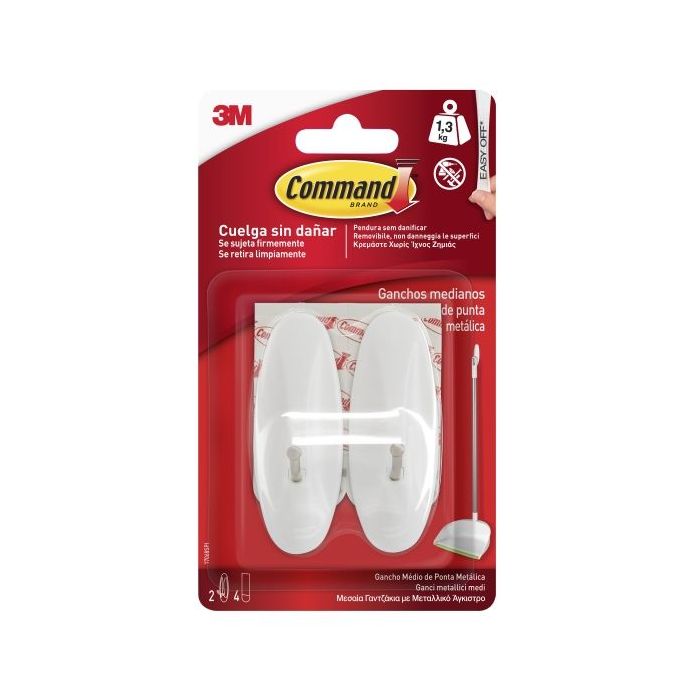 Command Pack de 2 Ganchos Medianos - Punta de Alambre - 4 Tiras Adhesivas - Soporta hasta 1.3kg - Color Blanco