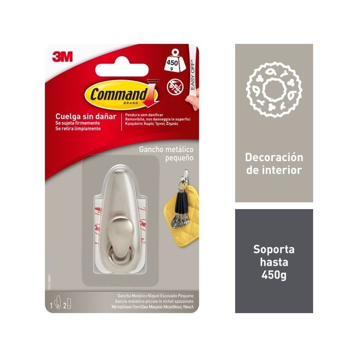 Command Forever Gancho Metalico Compacto - Talla S - 2 Tiras Adhesivas - Soporta hasta 0.45kg - Color Niquel Pulido
