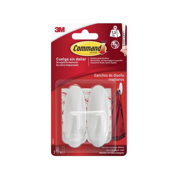 Command Pack de 2 Ganchos Medianos - 4 Tiras Adhesivas - Soporta hasta 1.3kg - Color Blanco