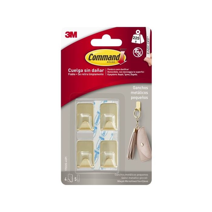 Command Pack de 4 Ganchos Compactos - Metalizado - 5 Tiras Adhesivas - Soporta hasta 225G - Talla S - Color Dorado