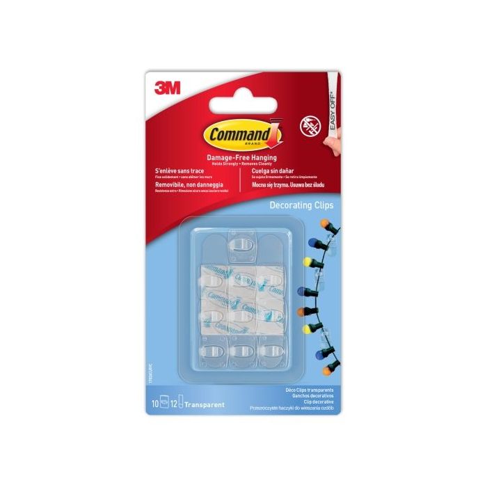 Command Pack de 10 Ganchos para Luces - Sujeccion de Clip - 12 Tiras Adhesivas - Color Transparente