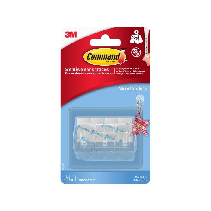 Command Mini Pack de 3 Ganchos - 4 Tiras Adhesivas - Soportan hasta 225G - Color Transparente