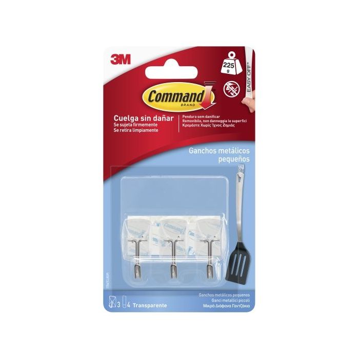 Command Pack de 3 Ganchos Compactos - Punta de Alambre - 4 Tiras Adhesivas - Soporta hasta 225G - Talla S - Color Blanco