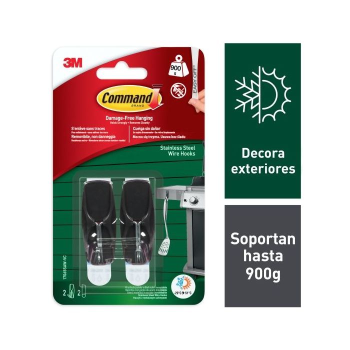 Command Pack de 2 Ganchos para Exterior - 2 Tiras Adhesivas - Soporta hasta 0.9kg - Punta Metalizada - Color Negro