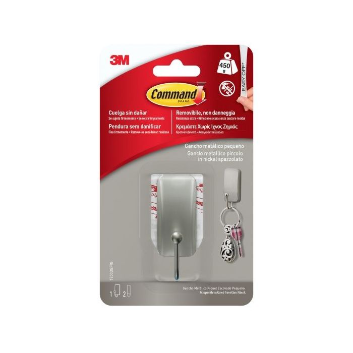Command Gancho Compacto - Talla S - 2 Tiras Adhesivas - Soporta hasta 450G - Color Niquel Pulido